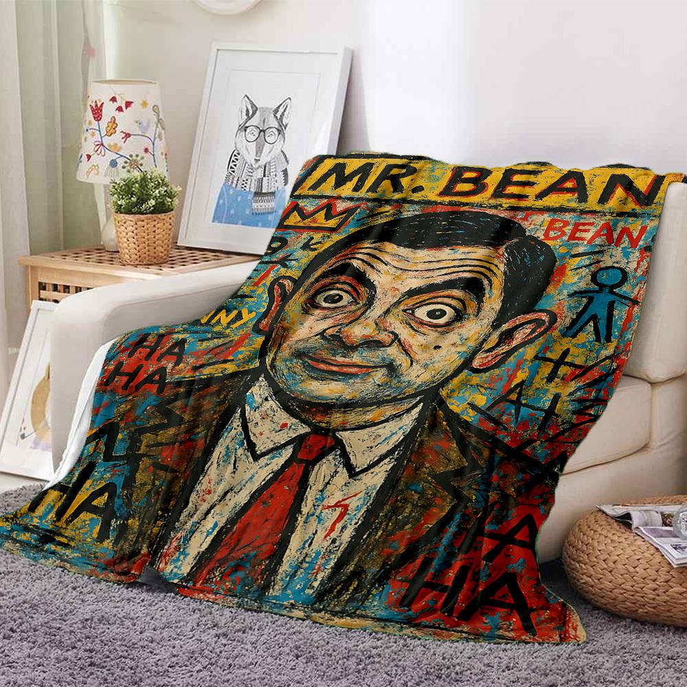 1pc Mr. Bean Art Flannel Throw Blanket HD Printed Lightweight Soft Warm All Season Blanket for Sofa, Bed, Travel, Camping Machine Washable