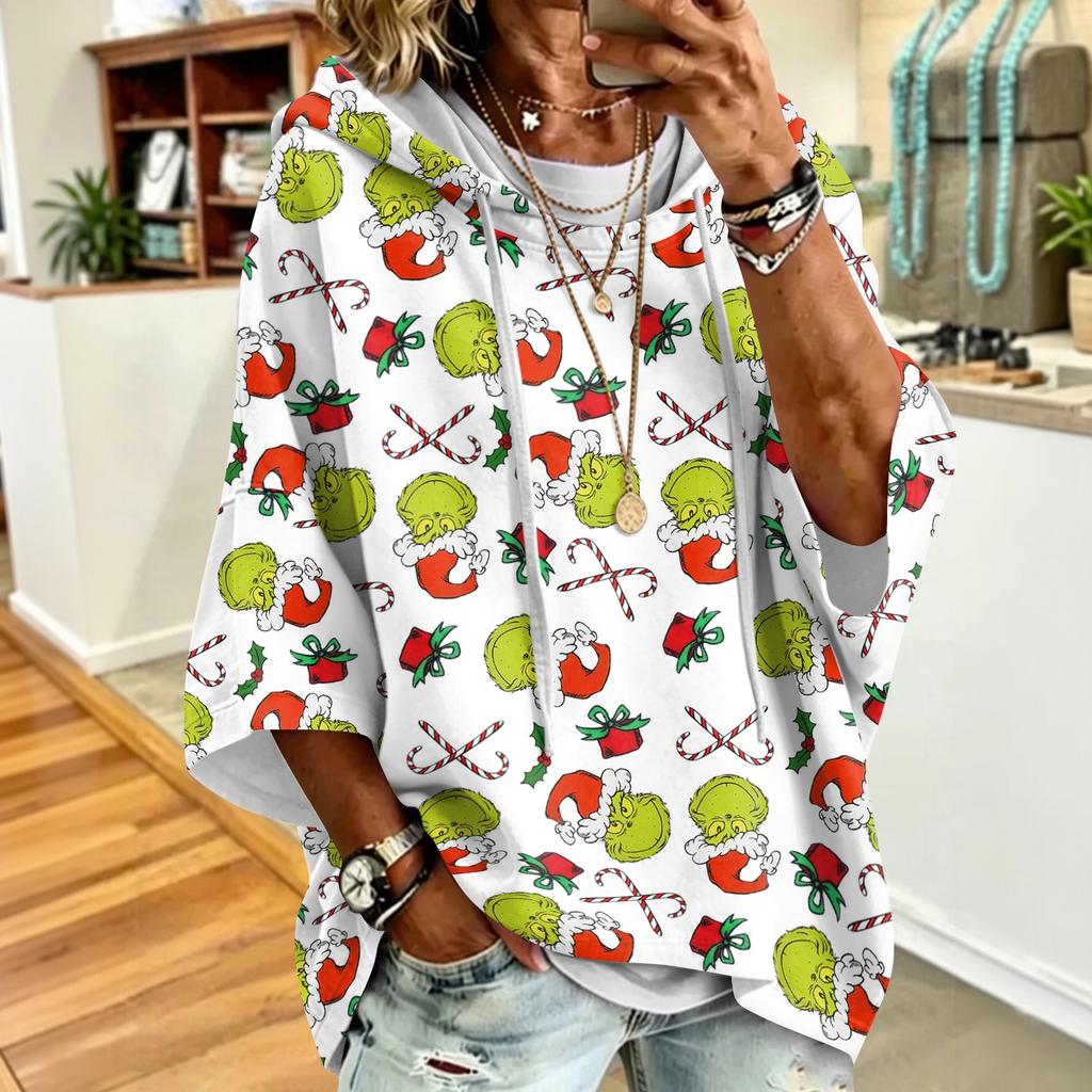Women's Christmas Print Hooded Sweatshirt with Drawstrings, Loose Fit Casual Pullover Top
