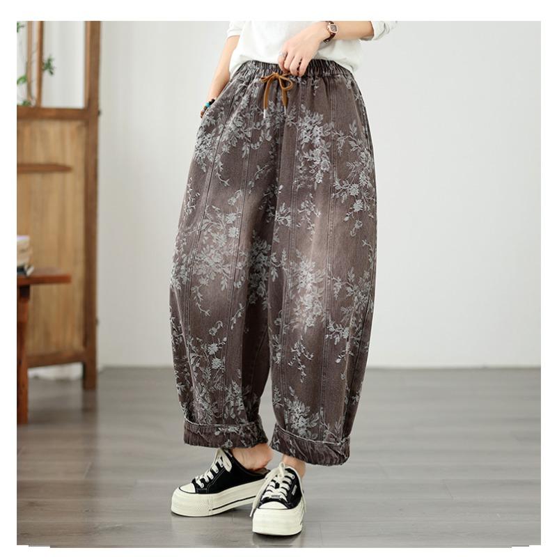 DIMANAF 2026 Autunno Inverno Nuovi Jeans da Donna Taglie Forti Vita Elastica Pantaloni Lunghi Stampa Floreale Larghi Casual Denim Cotone Pantaloni Spessi Vintage Donna