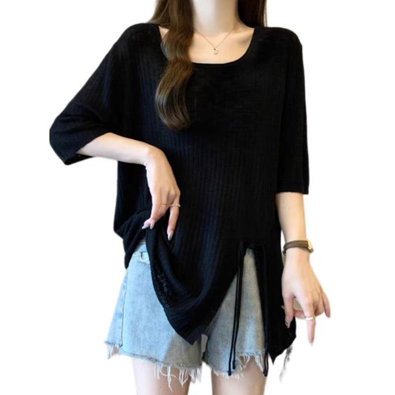 Large size fat mm pit strip irregular split short-sleeved t-shirt women's summer new loose meat cover versatile age-reducing top