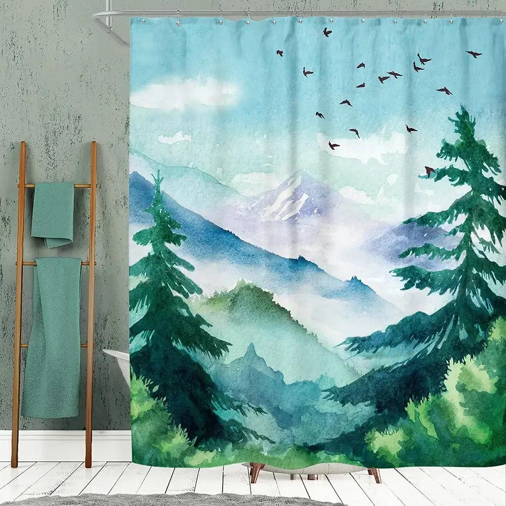 Mountain Shower Curtain Forest Nature Landscape Green Misty Tree Scenery Watercolor Polyester Waterproof Fabric Bathroom Screen W60H190(CM)-1 Pcs