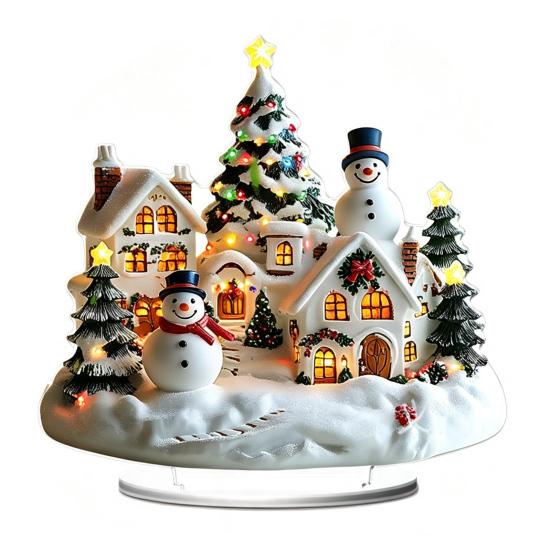 Festlicher Desktop-Schmuck für den Winter Weihnachten Acryl-Ornament, 2D Flaches verschneites Häuschen mit Sockel, Saisonal Detaillierter Druck Nikolaus Schneemann Tisch