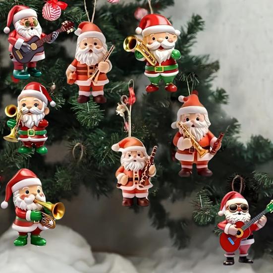 Santa Claus Christmas Ornament Cute Santa Plays Guitar/Sax/Trumpet Musical Instrument Acrylic Ornament for Christmas Tree Home Party Decor