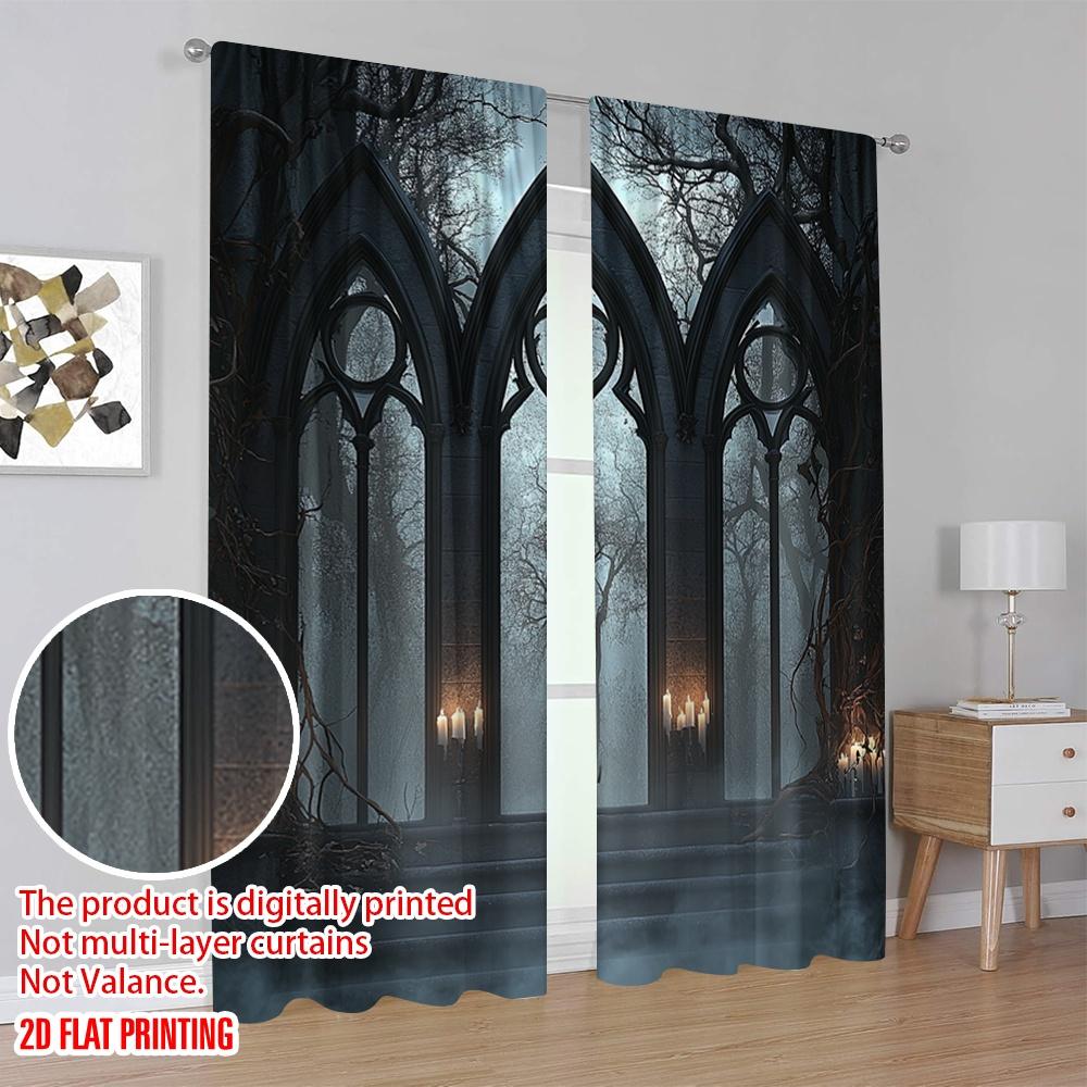 2Pcs 2D flat printingHorror House Curtain Halloween Historical Gate Gothic Curtain Candles View For Bedroom Living Room And