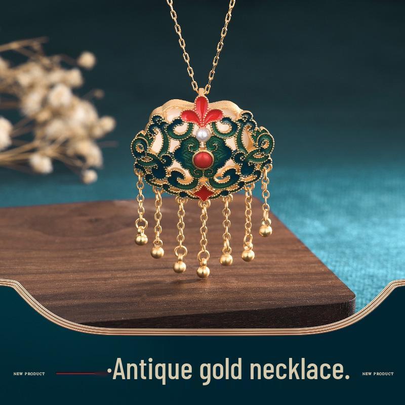 

Chinese Cloisonné Imitation Hetian Jade Tassel Necklace - Vintage Cheongsam Jewelry