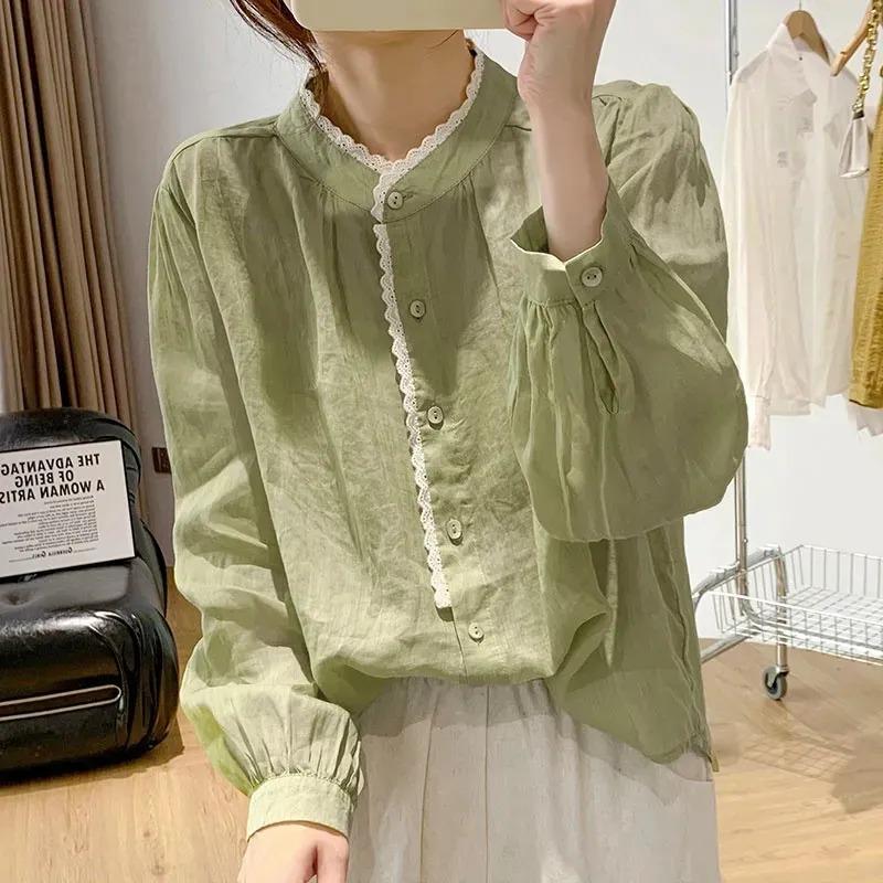 Women s Lace Trim Stand Collar Button Down Long Sleeve Casual Blouse M зелёный
