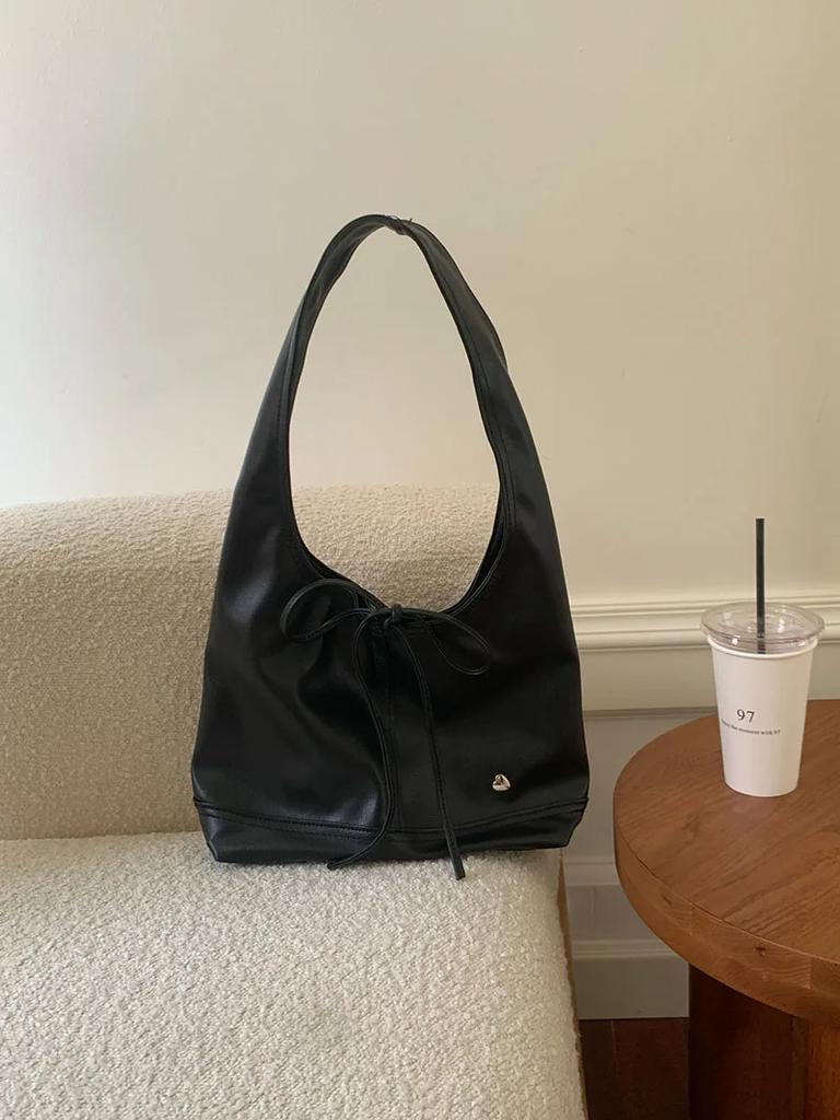 Soft PU Leather Women's Commuter Shoulder Bags Casual Bowknot Female Tote Underarm Bag Solid Color Ladies Handbags with Purse
