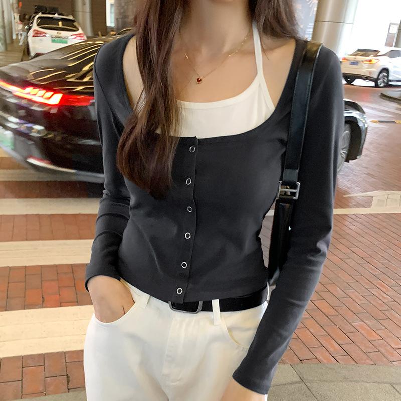 

Европейские товары горячая девушка халтернек поддельный двухсекционный футболка женская осень и зима новый стиль короткий тонкий длинный рукав трикотажный топ XL