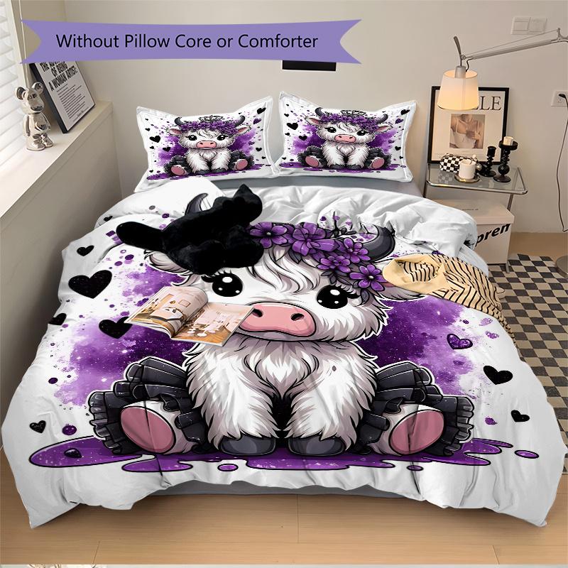 3pcs Purple Crown Cow Printed Quilt Set - Soft and Comfortable Quilt Cover for Bedroom, Guest Room and Dormitory Decorative Bedding Set 1 Du
