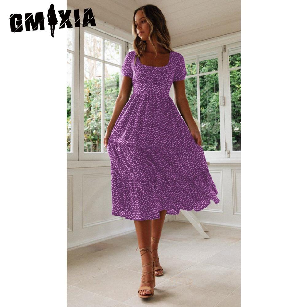 GMXIA Summer Love Polka Dot Dress Women Casual A-Line Short Sleeve Square Collar Ruffle Midi Dress Chiffon Red Black Blue Green