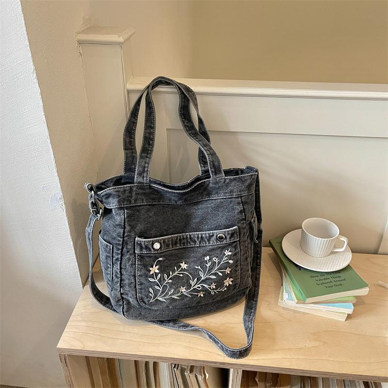 Vintage Haftowana Jeansowa Torba Tote dla Kobiet Duża Pojemność Casualowa Torba na Ramię