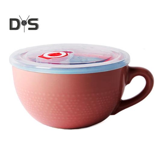 

Керамическая миска для завтрака 700 мл, суповая кружка с крышкой и ложкой, пригодная для использования в микроволновой печи и духовке, большая вместительная суповая миска для овсяной лапши светло-розовый