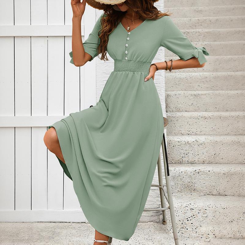 Elegante Vestito Midi Monocolore Scollo a V Vita Alta Arricciato per Donna