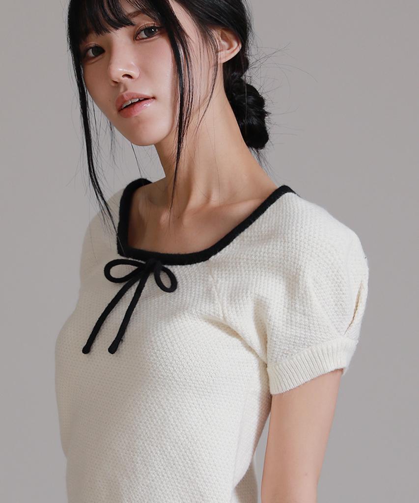 LIKE THE MOST Square Round Ribbon Half Knit_Ivory
