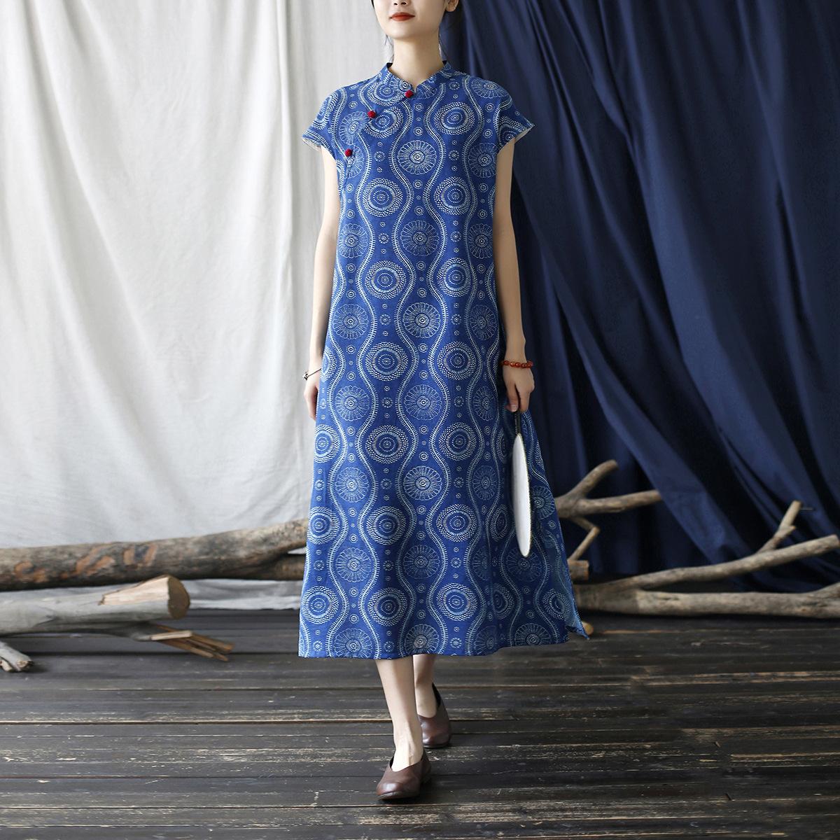 

Johnature Vintage Print Floral Dress Stand Short Sleeve Chinese Summer Blue A-Line Button Dress One Size синий