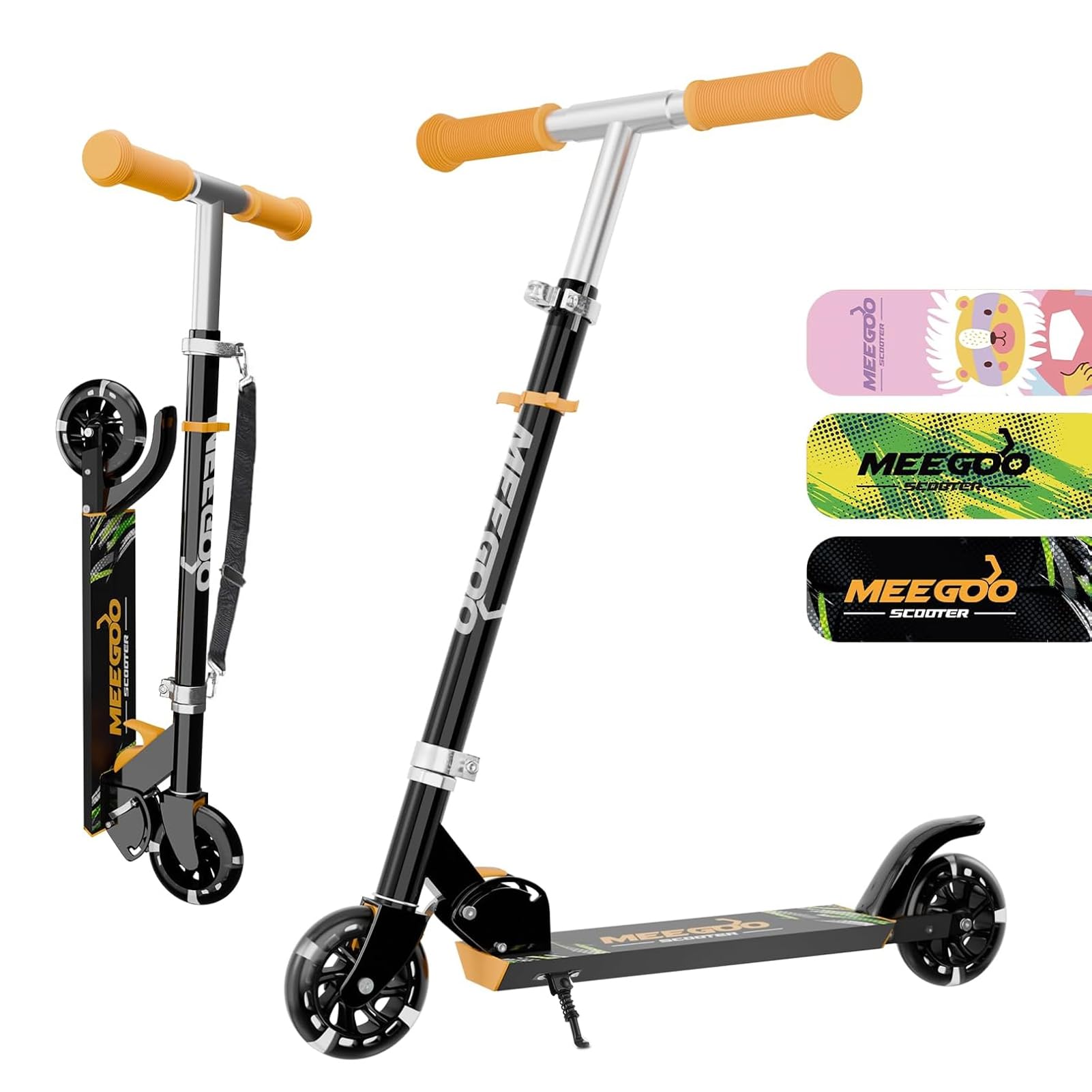 MEE GOO Aluminum Kick Scooter Kids Scooter Light-Up LED Wheels 3-Stage Adjustable Handlebar Black Lightweight Push Gift for Children