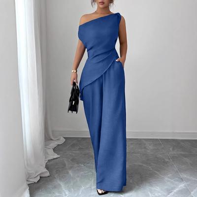 Women's Blue One Shoulder Wide Leg Jumpsuit Textured Fabric Casual Romper