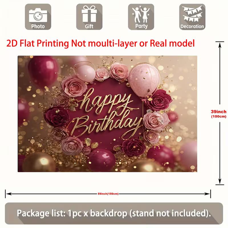 2D Elegant Burgundy Gold Happy Birthday Background Cloth with Flowers