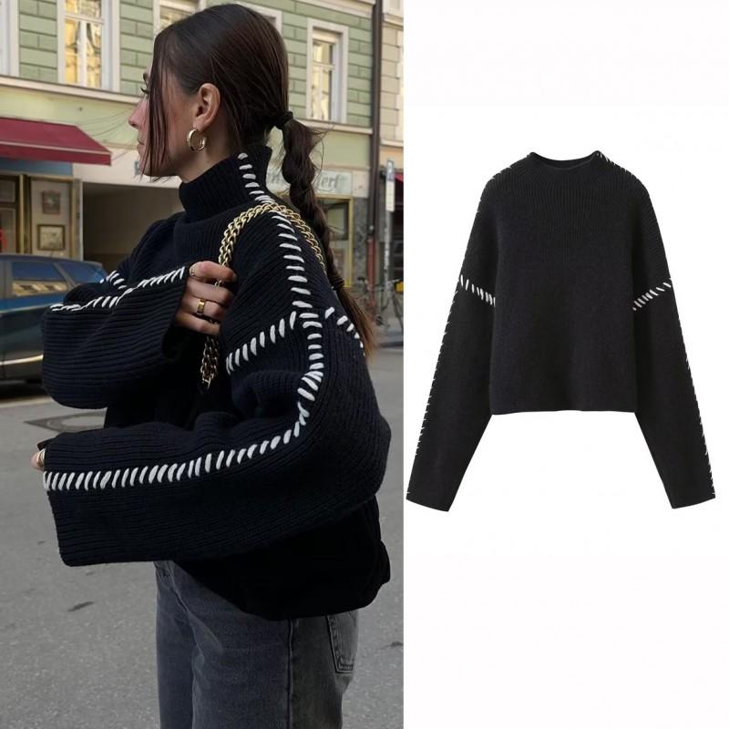 Womens Knit Sweater Round Neck Warm Layered Color Block Chic Pullover Casual Long Sleeve Top M6221
