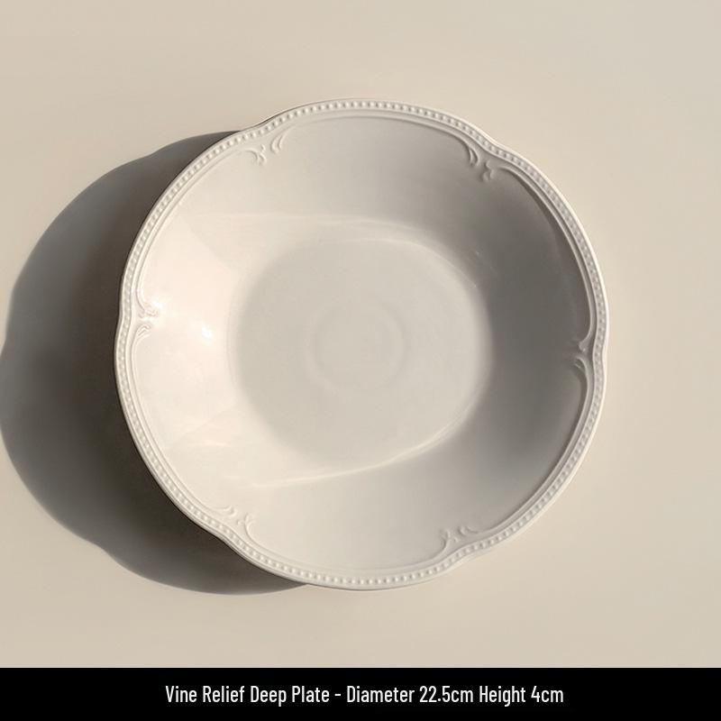 Attitude Life French Light Luxury Pure White Embossed Ceramic Dinnerware Set - Dessert & Western Food Plates.