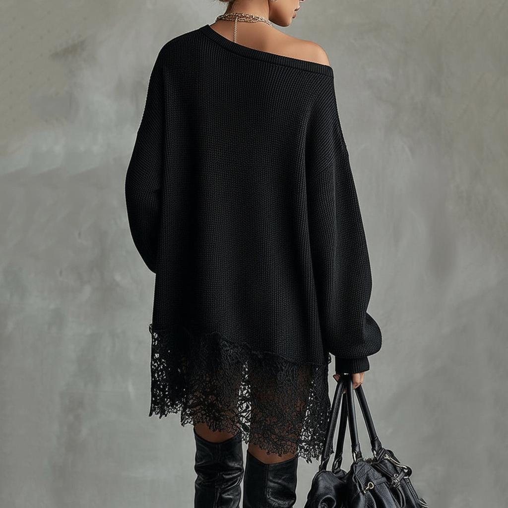 Abito da donna con manica in pizzo e scollo asimmetrico per feste casual
