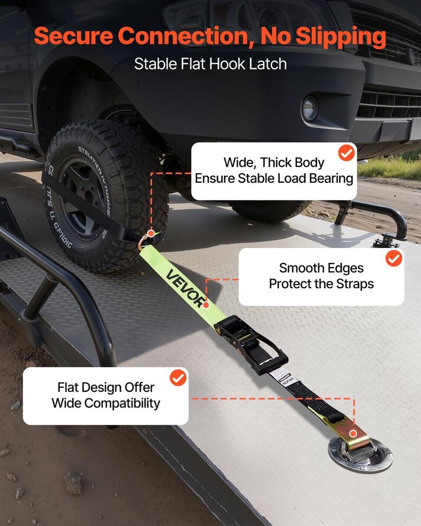 Wheel Chock Tie-Down Kit, Tire-Style Trailer Tie Down Strap, Car Tie Down Kit with Flat Hook, Break Strength 4540 Kg & Working Load 1512 Kg Motorcycle