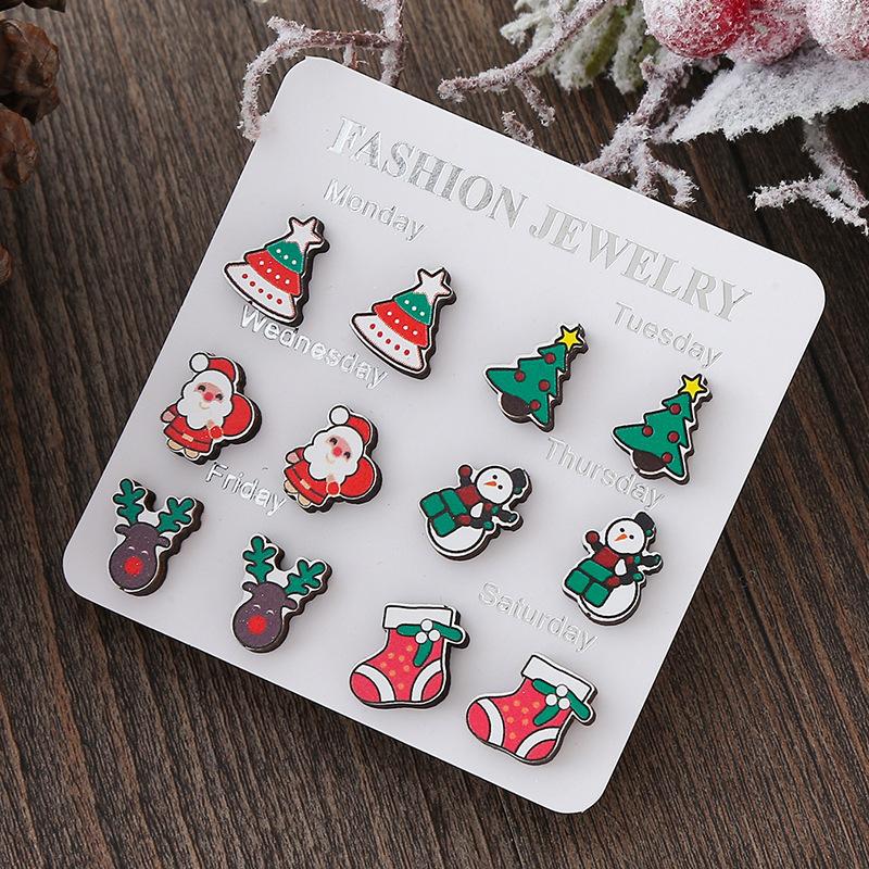 Hot Sale New Christmas Series Wooden Earrings Christmas Tree Bells Snowman Stud Earrings Set