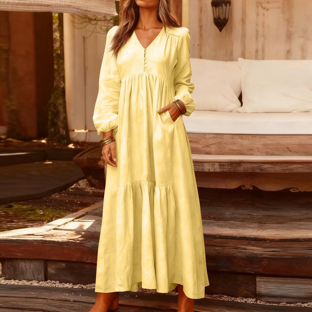 Women's Fashionable Solid Color V-neck Long Sleeved Loose Button Cotton Linen Retro Large Swing Long Casual Dress