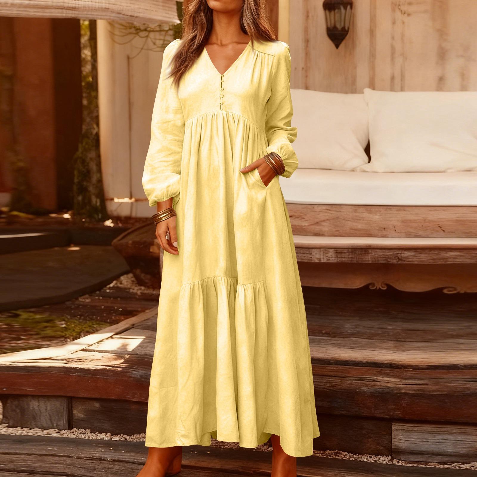 

Women s Fashionable Color V-neck Long Sleeved Loose Button Cotton Linen Retro Large Swing Long Casual Dress XXXXXL жовтий