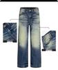 Yongfang American Retro Deep Blue Jeans: Unisex Casual Loose Fit, Cat Whiskers Design, Wide Leg, Straight Long Pants.