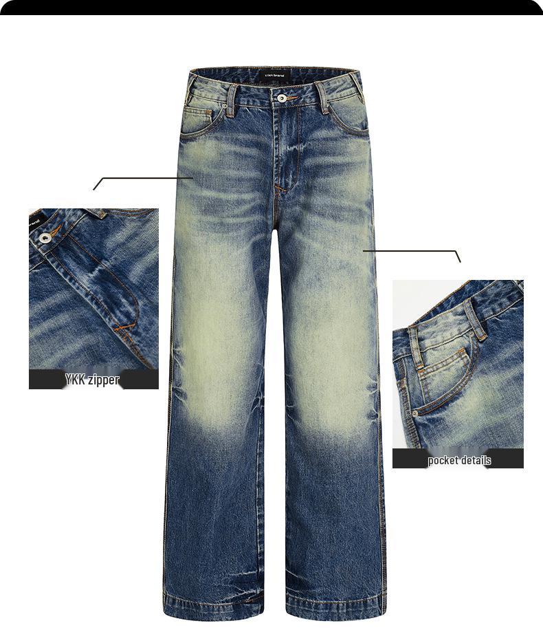 Yongfang American Retro Deep Blue Jeans: Unisex Casual Loose Fit, Cat Whiskers Design, Wide Leg, Straight Long Pants.