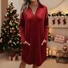 Women's Casual Pocket V-Neck Pullover Velvet Midi Dress