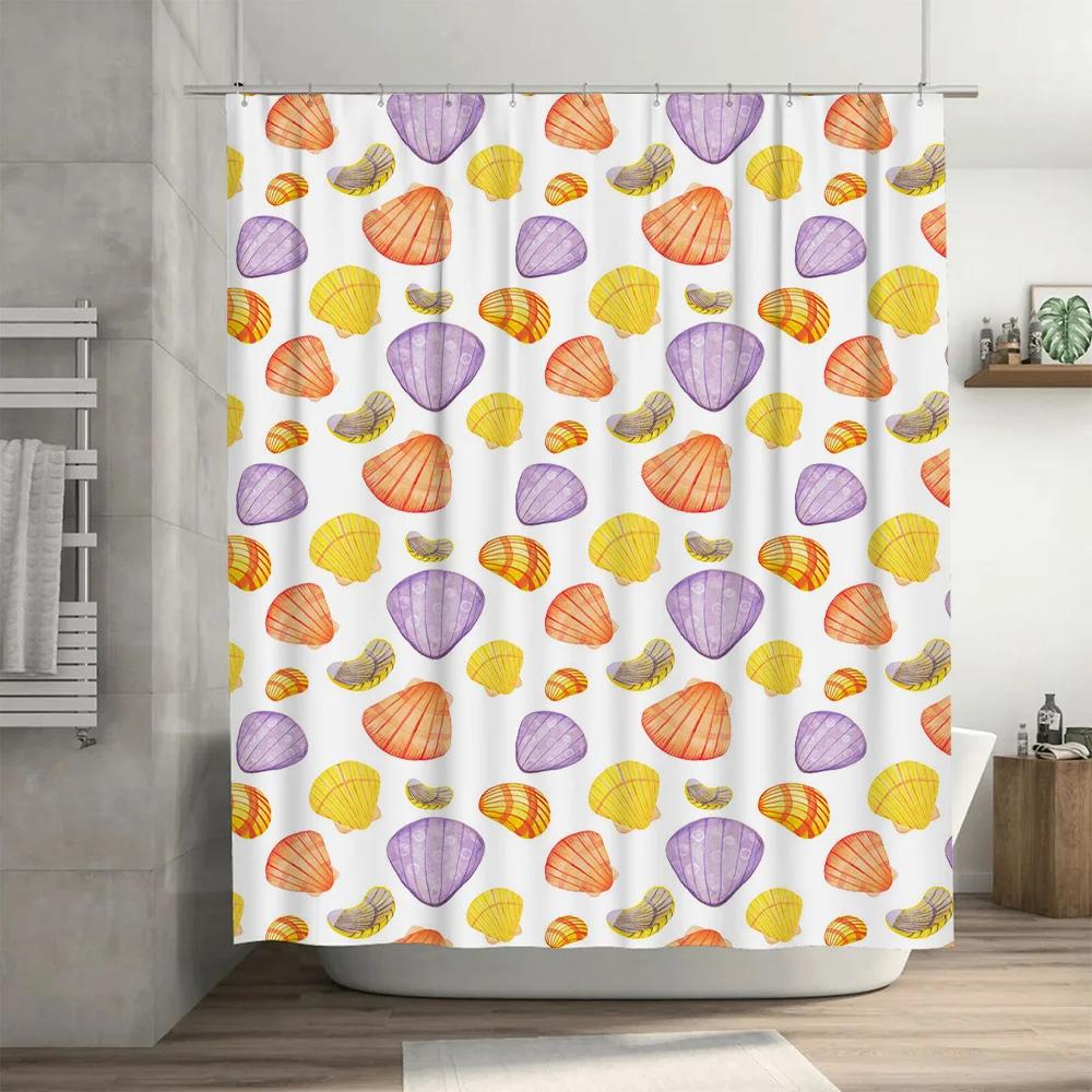 Watercolor Seashell Shower Curtain Purple Yellow Orange Blue White Print Fabric Waterproof Decorative Bath Rug Cover Home Decora