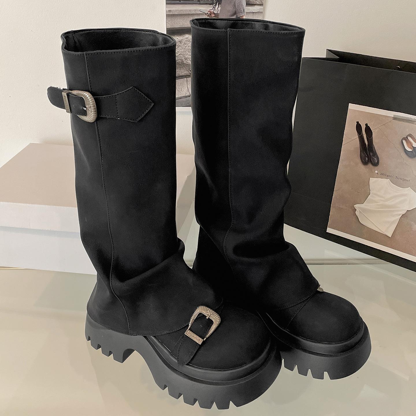 

Vintage Maillard style platform boots women s boots 2025 new autumn small man height increase and thin knight boots 35 чёрный