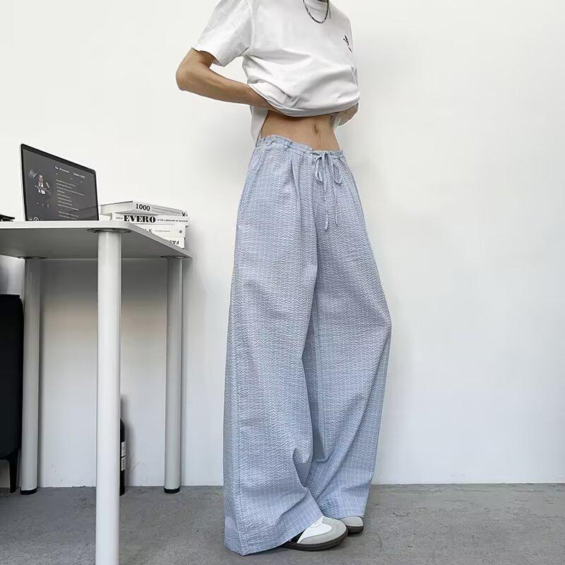 Summer thin plaid casual pants boys trendy brand loose drape straight trousers lazy wind mopping pants