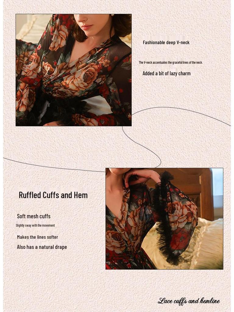 Elegantes Retro-Blumen-Netz-Bademantel mit Federbesatz - Durchsichtiges Loungewear-Design