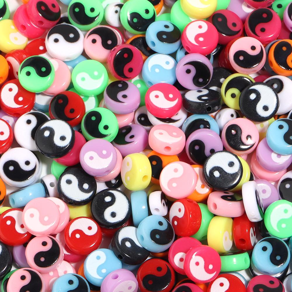 50-100pcs Tai Chi Acrylic Beads Yin Yang Black White Flat Round Loose Beads for Jewelry Making DIY Bracelet Necklace Accessories