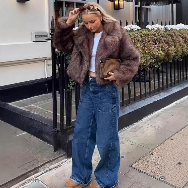 New European and American style lapel collar imitation fur short imitation fox fur coat fashionable and simple women's clothing