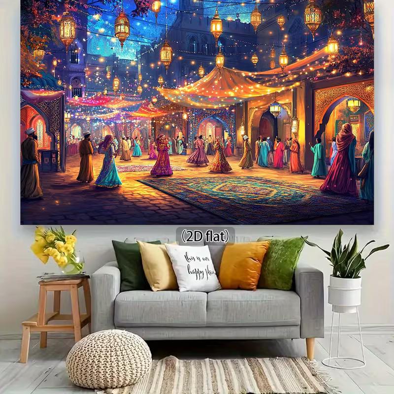 2D Ramadan Festival Backdrop, Magical Arabian Night Market with People Banner