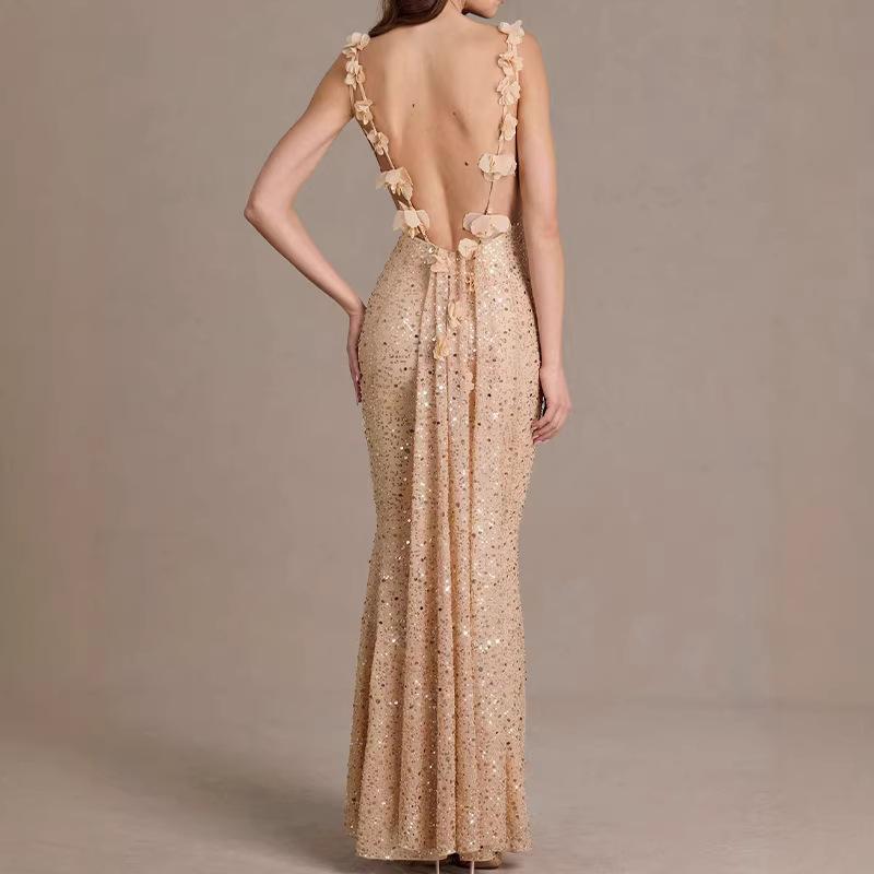 2026 European and American cross-border celebrity dress sequined bead tube suspender fishtail skirt dinner party backless slim dress
