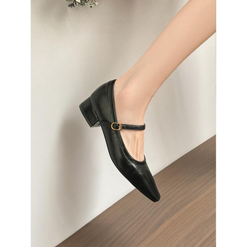 Soft leather version~ retro one-word buckle with square head soft sole 2025 spring new thick heel single shoes Mary Jane women's shoes