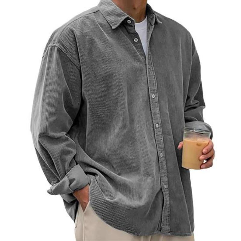 Men Shirt Lapel Long Sleeve Single Breasted Shirt Coat Solid Color Loose Fit Ribbed Texture Casual Shirt Outerwear Daily Wear