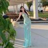 Sexy Wear Mesh Perspective Neck Suspender Dress Women's Island Vacation Lotus Leaf Edge Halter Long Skirt