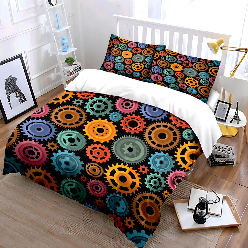 Colorful Gear Pattern Decor Set Bedding Set with 1 Duvet Cover 2 Pillowcases Single Double King Queen Gift