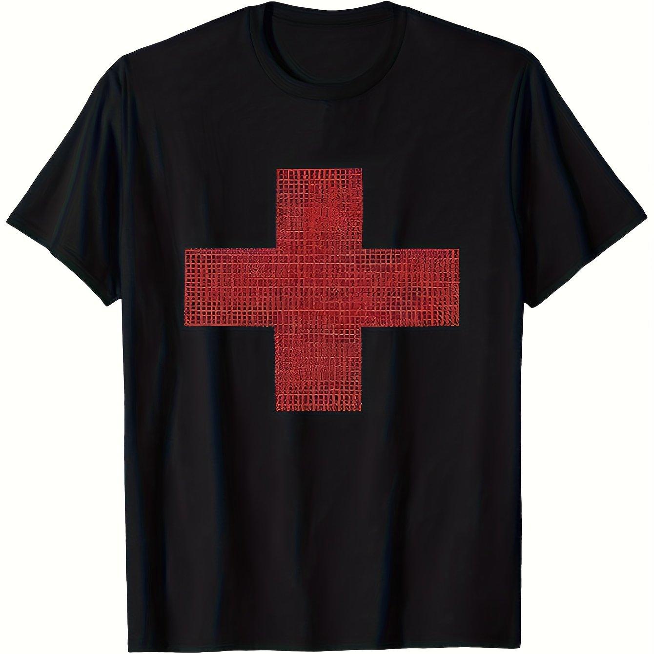 Men s 2Hollis Red Black T-shirt Comfortable Short Sleeve Round Neck T-shirt with Red Cross Design S разноцветный