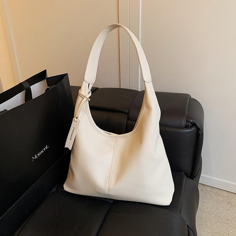 Korean Style Fashion Handbag Large Capacity Solid Color Tote Bag Casual Lychee Pattern Underarm Bag Shoulder Bag