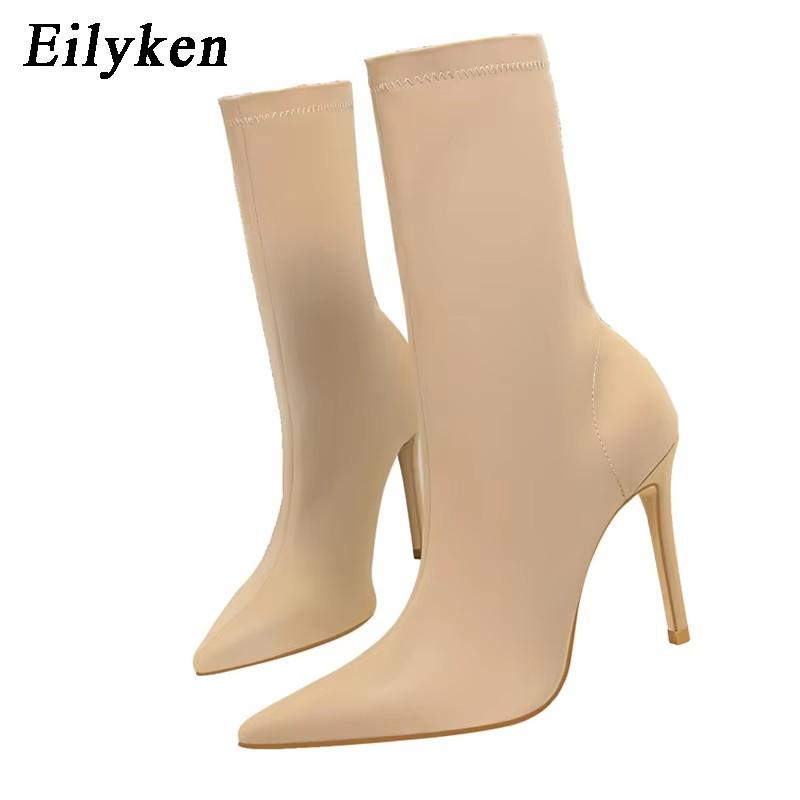 Fashion Eilyken Winter Fashion Stretch Fabric Socks Ankle Boots Women Pointed Toe Thin Heels Slip-On Shoes Female Pumps