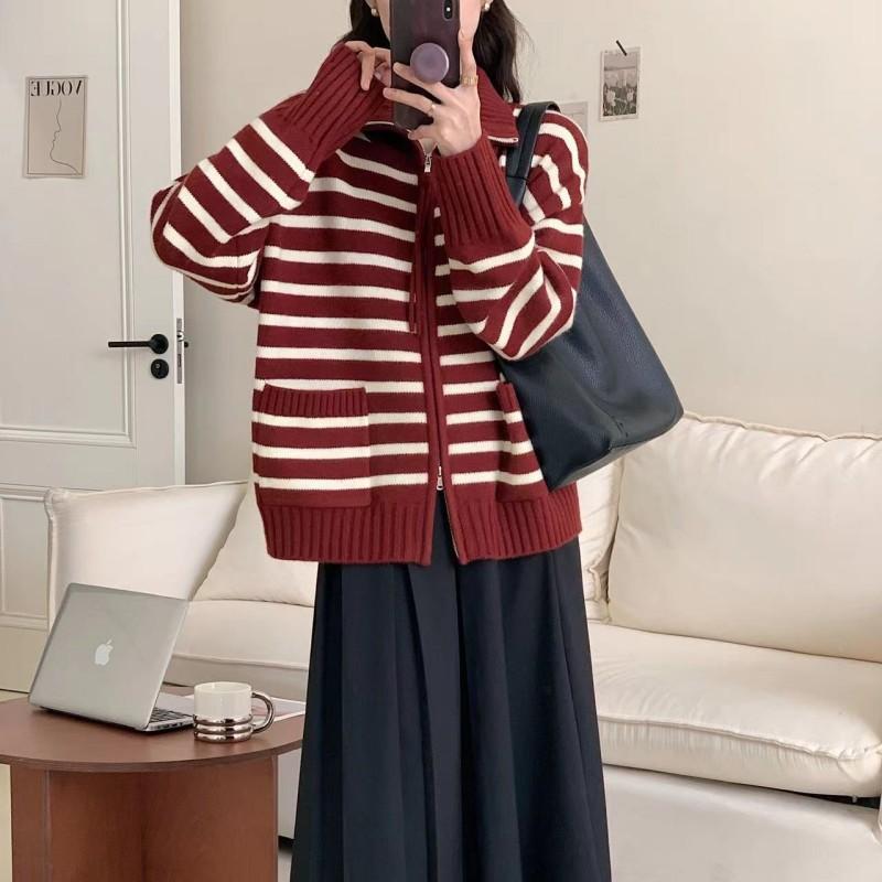 Lapel double zipper knitted cardigan fashion striped soft waxy color matching retro casual double pocket sweater jacket