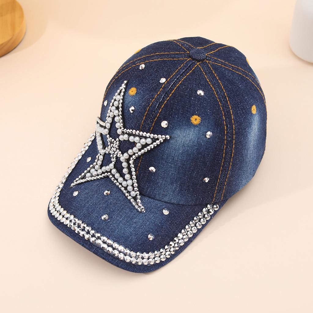 Stylish Rhinestone Studded Star Denim Baseball Cap - Adjustable, Casual, Outdoor Sun Protection Peaked Hat with Sparkling Accent