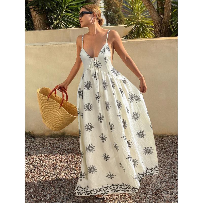 Real shot European and American independent station European and American printed suspender V-neck dress S